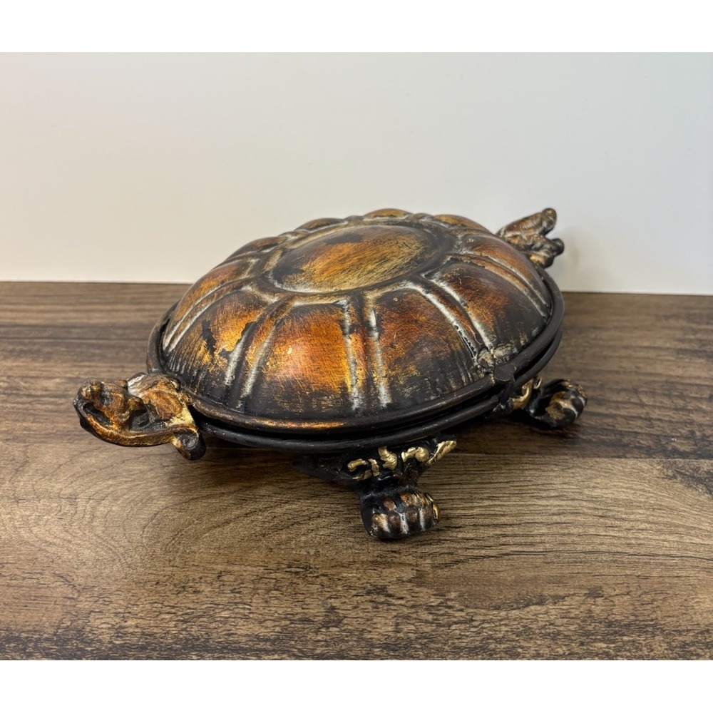 Metal 9" Turtle Trinket Box Holder Container Lidded Gold Tone